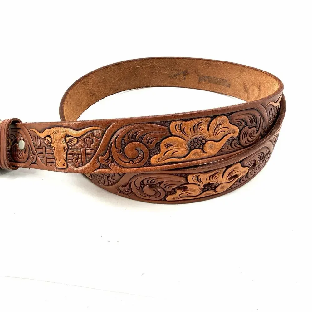 Vintage Chambers Tooled Leather Western Belt German Silver Buckle Unisex 34